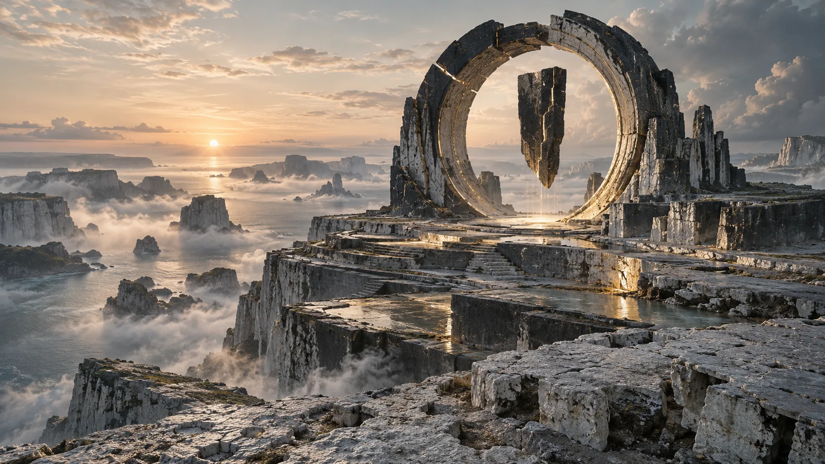 A weathered circular gateway above a mist-covered landscape, with a suspended stone at its centre