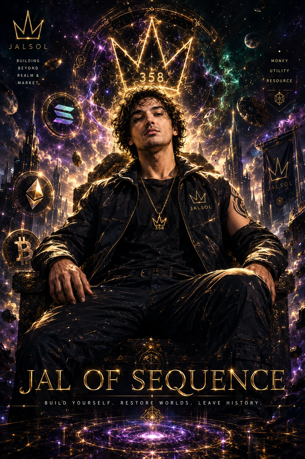 JAL of Sequence figure seated below a crown and surrounded by cosmic architecture
