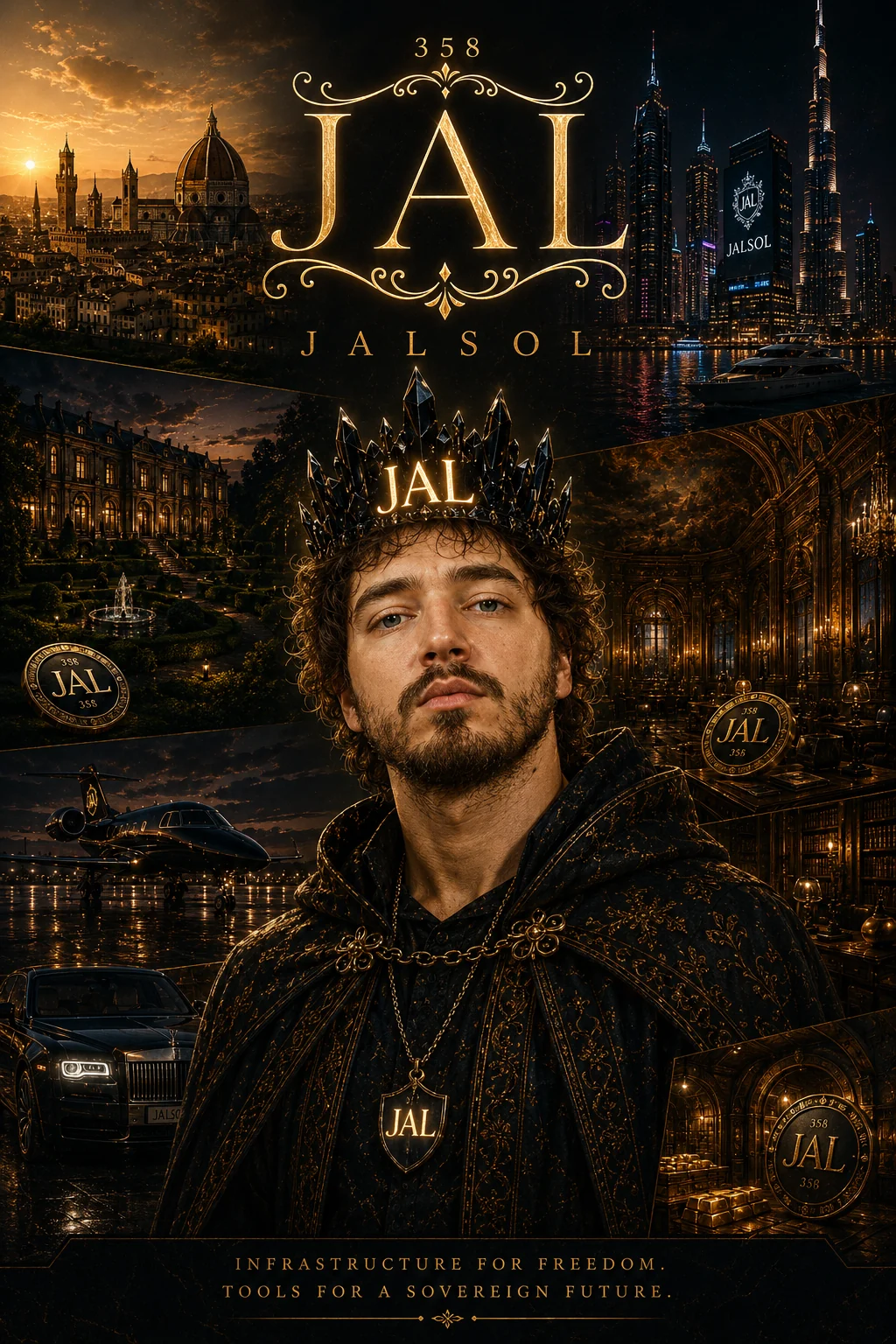 Ornamental JAL branding above a crowned figure surrounded by architecture in gold and black