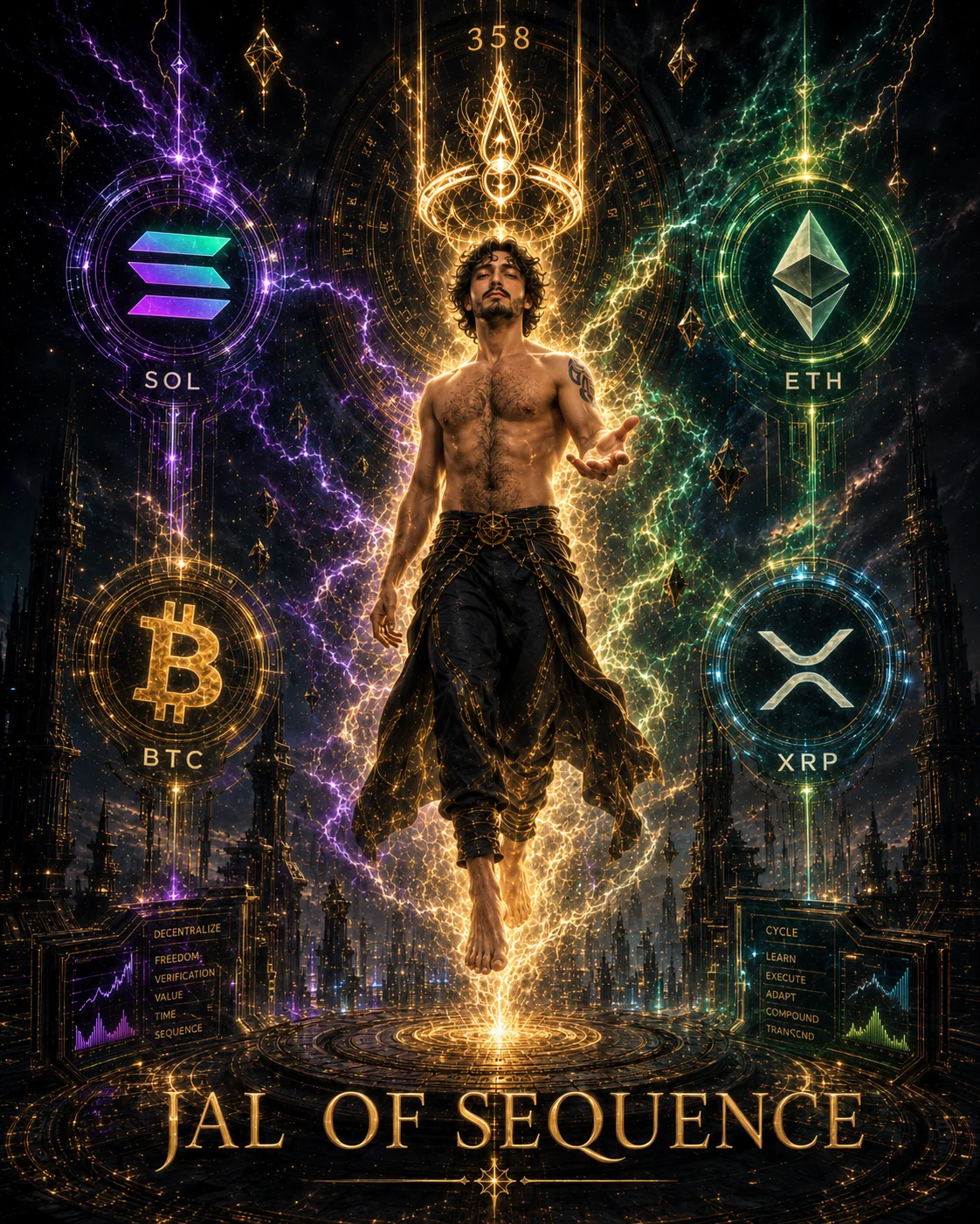 JAL of Sequence figure suspended between Solana, Ethereum, Bitcoin and XRP motifs